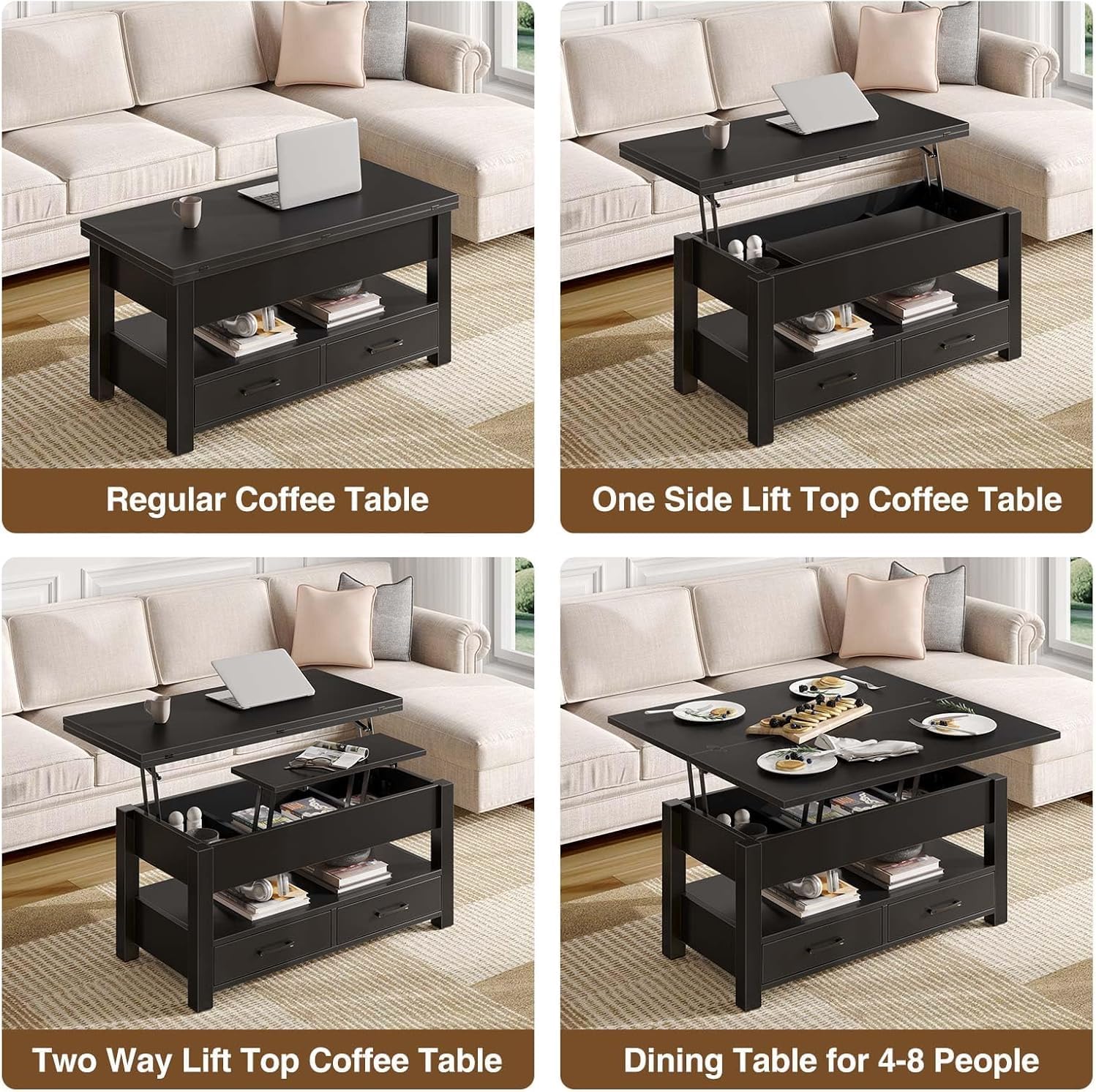 Garvee Coffee Table Lift Top, Multi-Function Convertible Coffee Table with Drawers and Hidden Compartment, Converts to Dining Table for Living Room, Home Office, Black