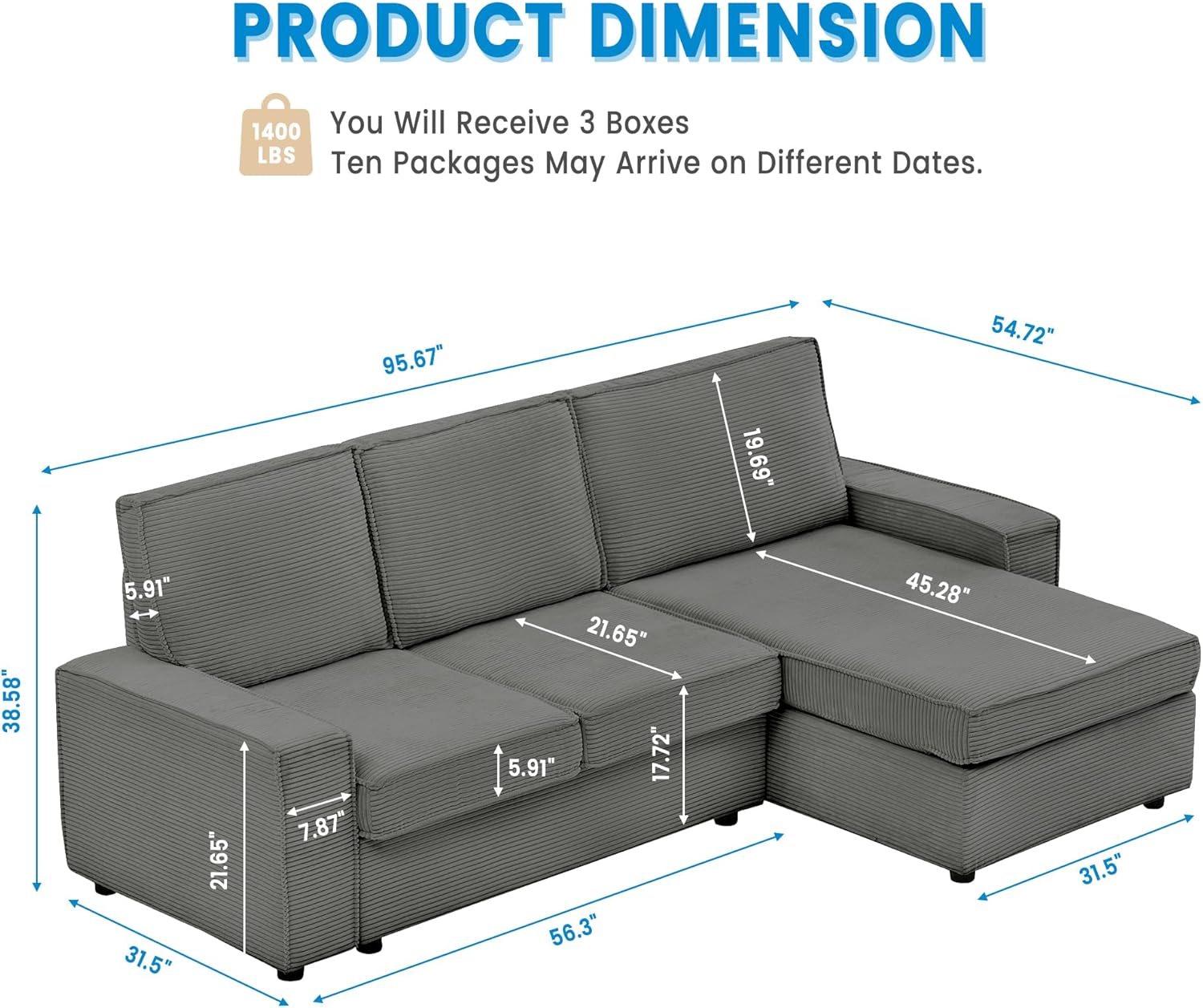Garvee 95" Modern Kids L-Shaped Modular Sectional Sofa Deep Seated Comfy Cloud Couch with Chaise, Gray