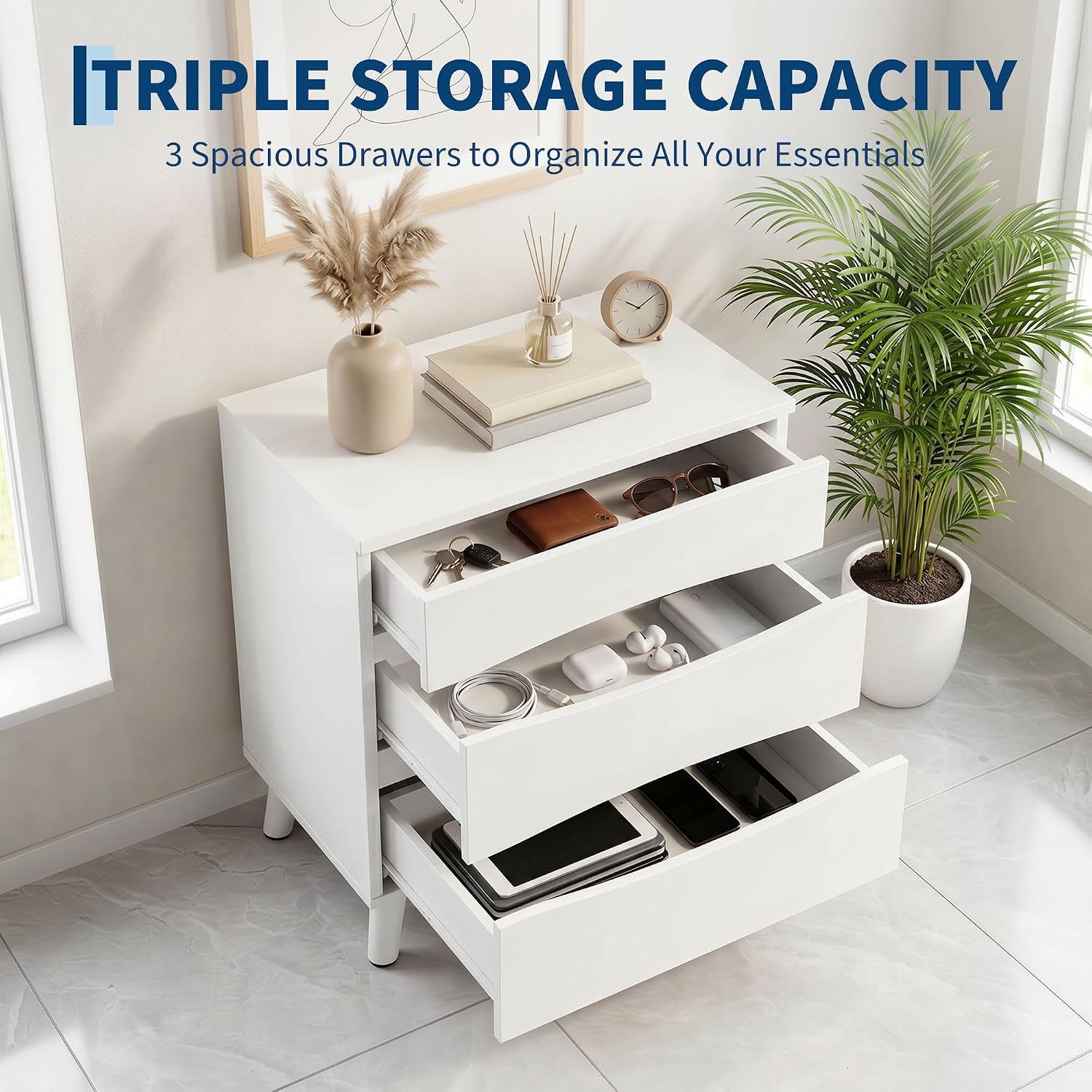 Garvee Compact 3-Drawer Bedside Cabinet Bedside Table - Space-Saving Storage End Table Cabinet, Sturdy Frame, Easy Assembly - White
