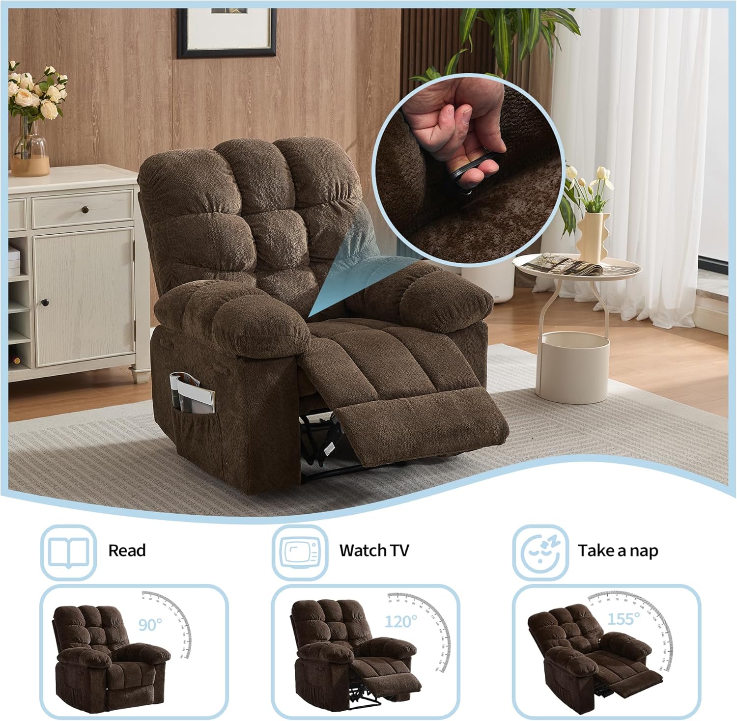 Garvee Manual Recliner Chair for Living Room, Overstuffed Fabric Reclining Sofa with Side Pockets, Ergonomic Upholstered Lazy Chair with Q235 Steel Frame for Adults (Brown)