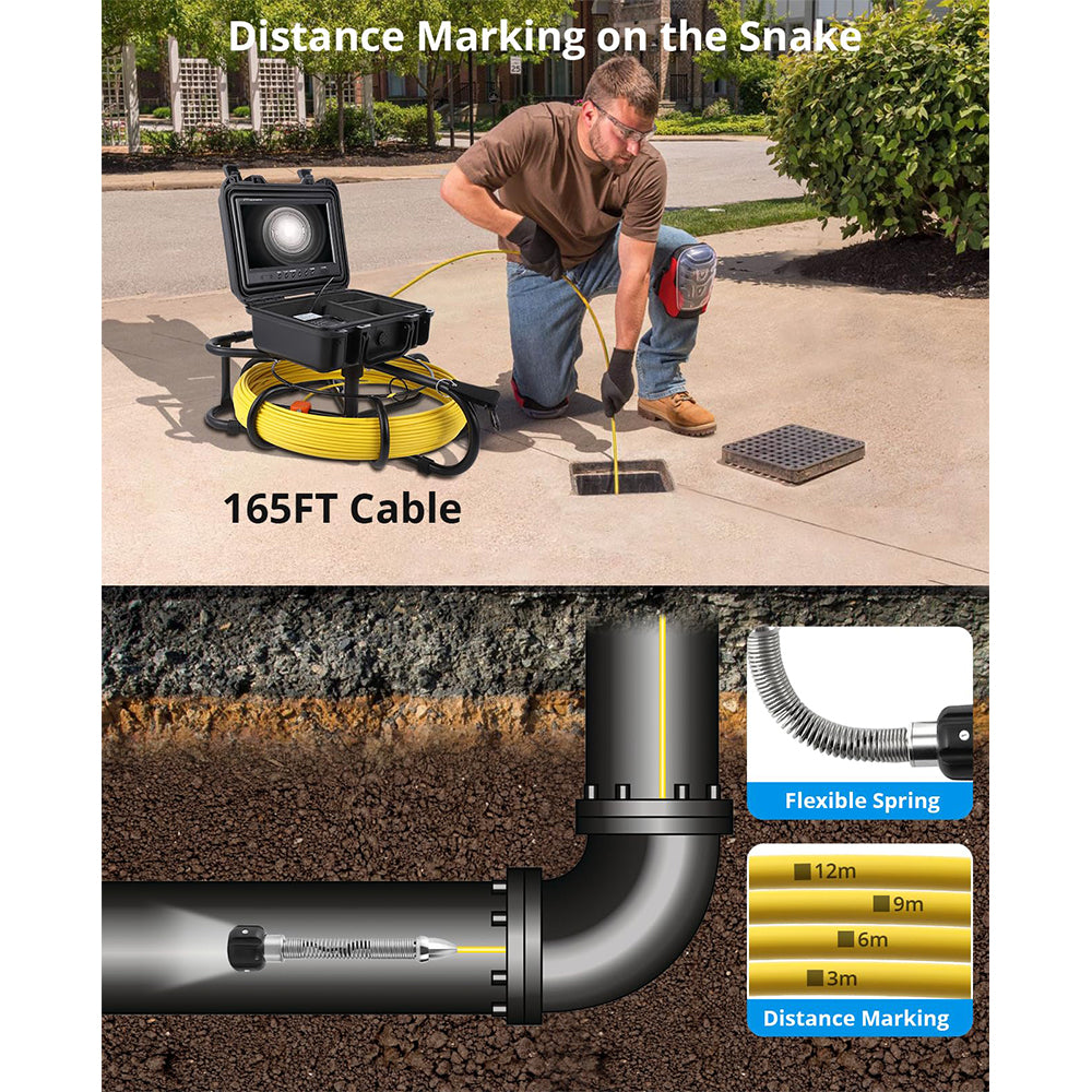 Garvee 165ft Drain Camera, Self-Leveling Snake Camera with Markings, 9" HD LCD Screen, DVR, Adjustable LEDs, 16GB SD Card, IP68 Waterproof for Sewer Inspection
