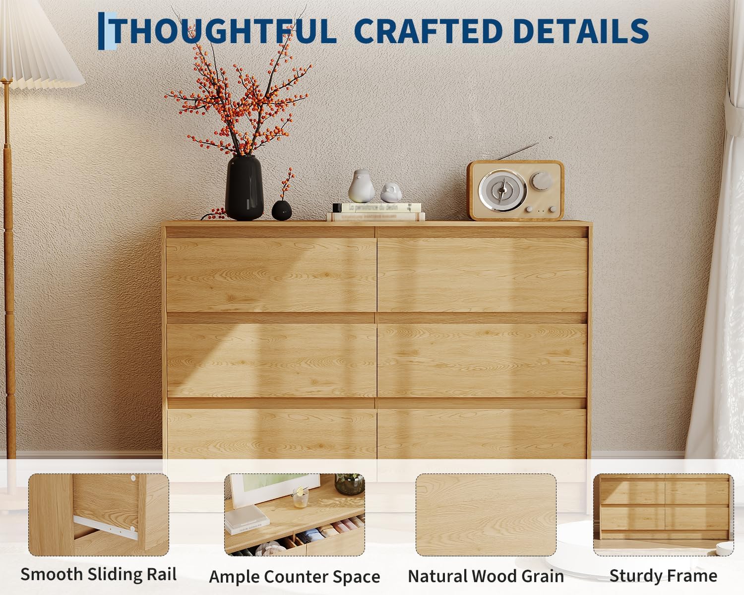 Garvee 6 Drawers Dresser for Bedroom, 47" Wide Wood Dressers & Chests of Drawers with Handle-less Design Design, Wooden Storage Organizer Cabinet for Living Room/ Home/Farmhouse(Natural Oak)