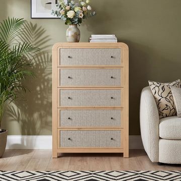 Garvee Tall 5-Drawer Dresser Chest for Bedroom, 47" Narrow Storage Organizer - Sturdy Wood Frame - Linen Drawer Fronts - Anti-Tip Kit, Log