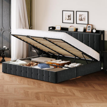 Garvee Upholstered Platform Bed Frame with Hydraulic Lift-Up Storage, Button-Tufted Headboard, Built-in Storage Shelf, Heavy Duty Metal Frame, Wooden Slats, Noise-Free, No Box Spring Needed - King Size, Black Flannel (without GRB LED/socket)
