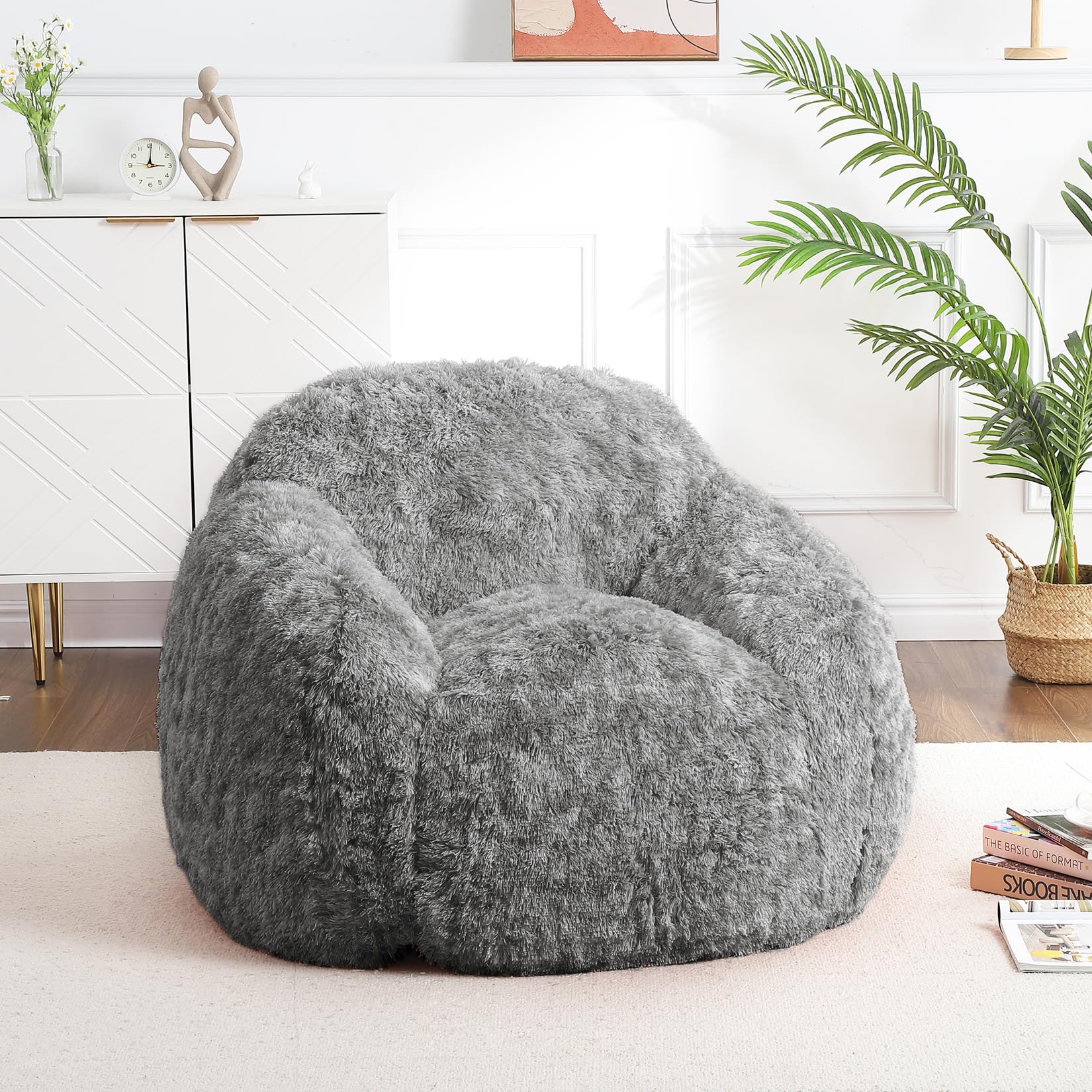 A plush, round, gray bean bag chair with high-density foam filling, soft touch, removable cover, and non-slip backing, measuring 37 inches in diameter.