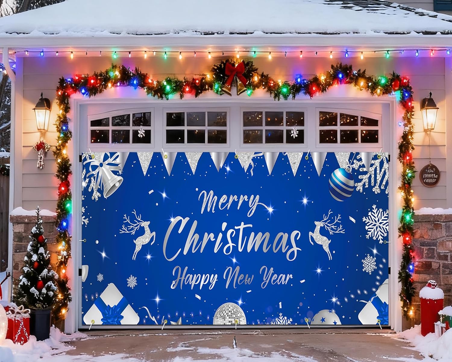 Garvee Christmas & New Year Garage Door Cover - 7x16 ft Holiday Banner with 4x6 m Ribbons | Vibrant Polyester Decor for Home, Church, Party | Durable & Reusable Xmas Decoration