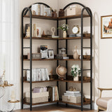 Garvee Corner Bookshelf Industrial Bookcase, L Shaped Bookshelf Arched 5 Tier Corner Shelf, Large Bookshelf with Metal Frame, Etagere Shelf Corner Display Rack for Living Room Bedroom - Retro color