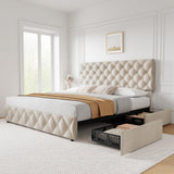 Garvee Queen Size Bed Frame with 4 Storage Drawers, Linen Upholstered Platform Bed Frame with Adjustable Headboard, Diamond Stitched Button Tufted, No Box Spring Needed, Blue - Blue
