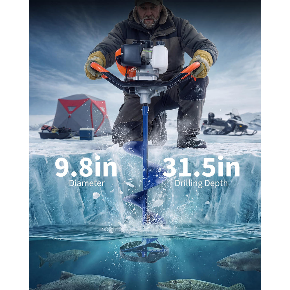 Garvee 2-in-1 Gas Powered 52CC 2-Stroke Ice Auger & Earth Auger Kit with 10" Ice Drill and 5.9" Ground Drill Bit for Ice Fishing and Post Hole Digging, EPA Certified