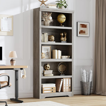 Garvee 5 Tier Bookshelf, 69" Tall Farmhouse Bookcase with Adjustable Shelves, 31.5" W Floor Standing Open Display Storage Rack with Anti-Slip Design for Home Office, Balcony, Library, Study / Living Room, Gray