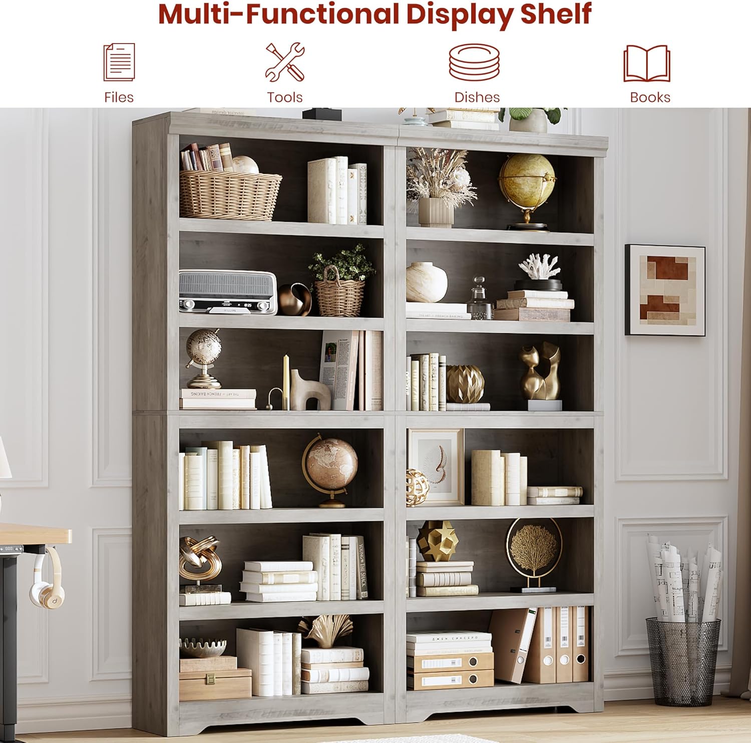 Garvee 6 Tier Bookshelf, 75" Tall Farmhouse Bookcase with Adjustable Shelves, 31.5" W Floor Standing Open Display Storage Rack with Anti-Slip Design for Home Office, Balcony, Library, Study / Living Room, Gray