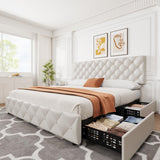 Garvee King Size Bed Frame with 4 Storage Drawers, Faux Leather Upholstered Platform Bed Frame with Adjustable Headboard, Diamond Stitched Button Tufted, No Box Spring Needed, White - White