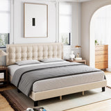 Garvee Full Size Linen Bed Frame with Adjustable Headboard, Wooden Slats, Non-Slip, Noise-Free, Easy Assembly, Off White - Off White