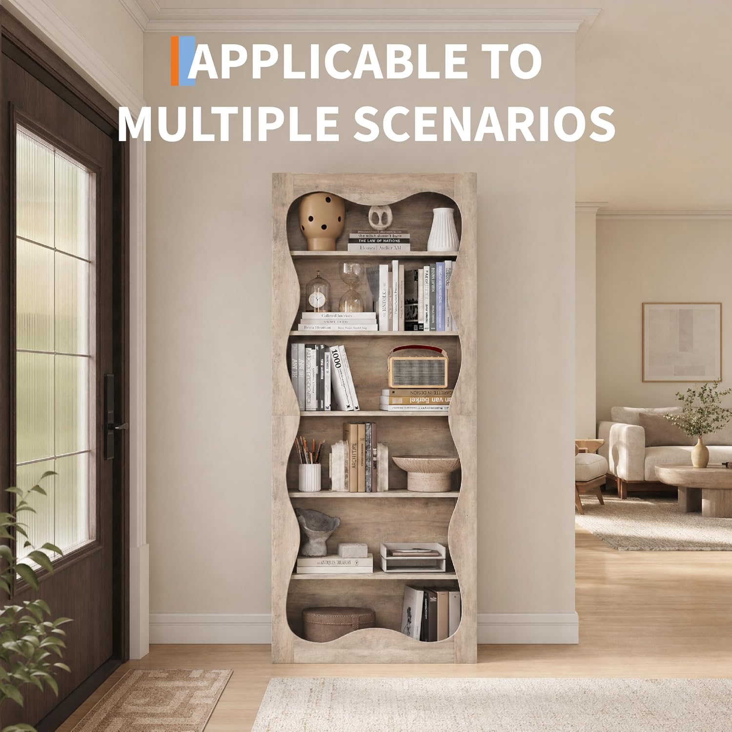 Garvee Tall 6-Tier Wood Bookshelf, Freestanding Bookcase with Wavy Scalloped Edge, Large Storage Display Shelf for Living Room Bedroom Office Library, Gray