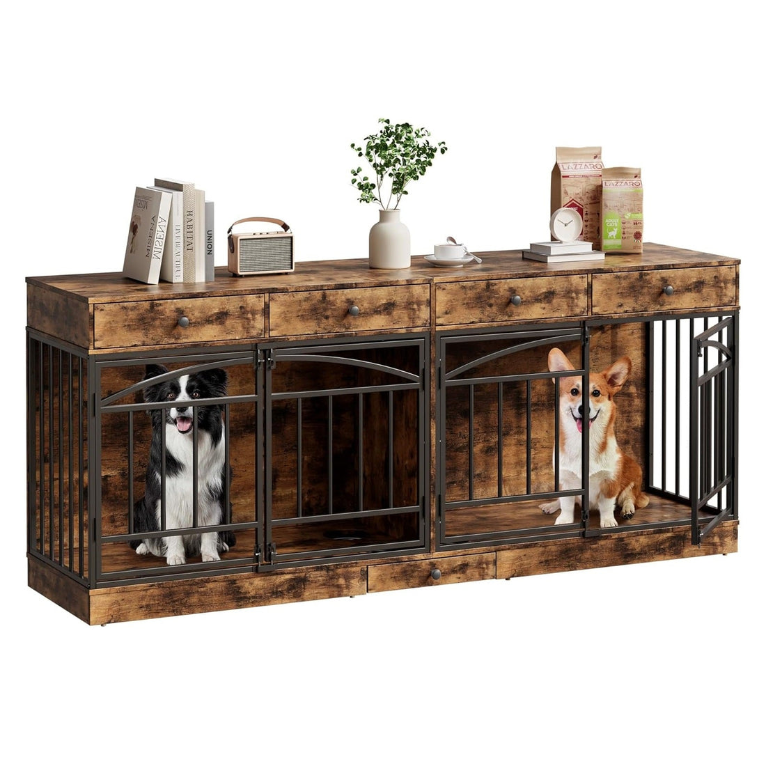 Garvee 78.7" Double Dog Crate Furniture with Storage and 4 Doors, Dog Kennel Indoor with Feeding Bowls, Wood Dog Crate TV Stand for Small Medium Dogs, Brown