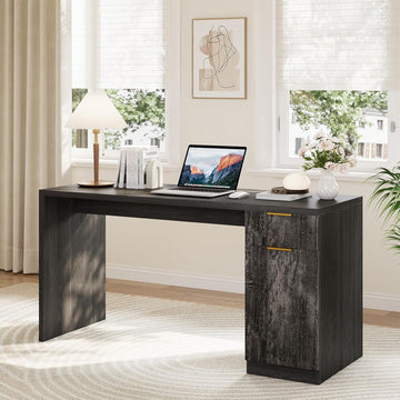 Garvee Executive Desk with Drawer and Power Outlet, 61" Large Farmhouse Computer Desk Home Office Wood Executive Desk with Adjustable Shelf for Work Study Writing, Grey
