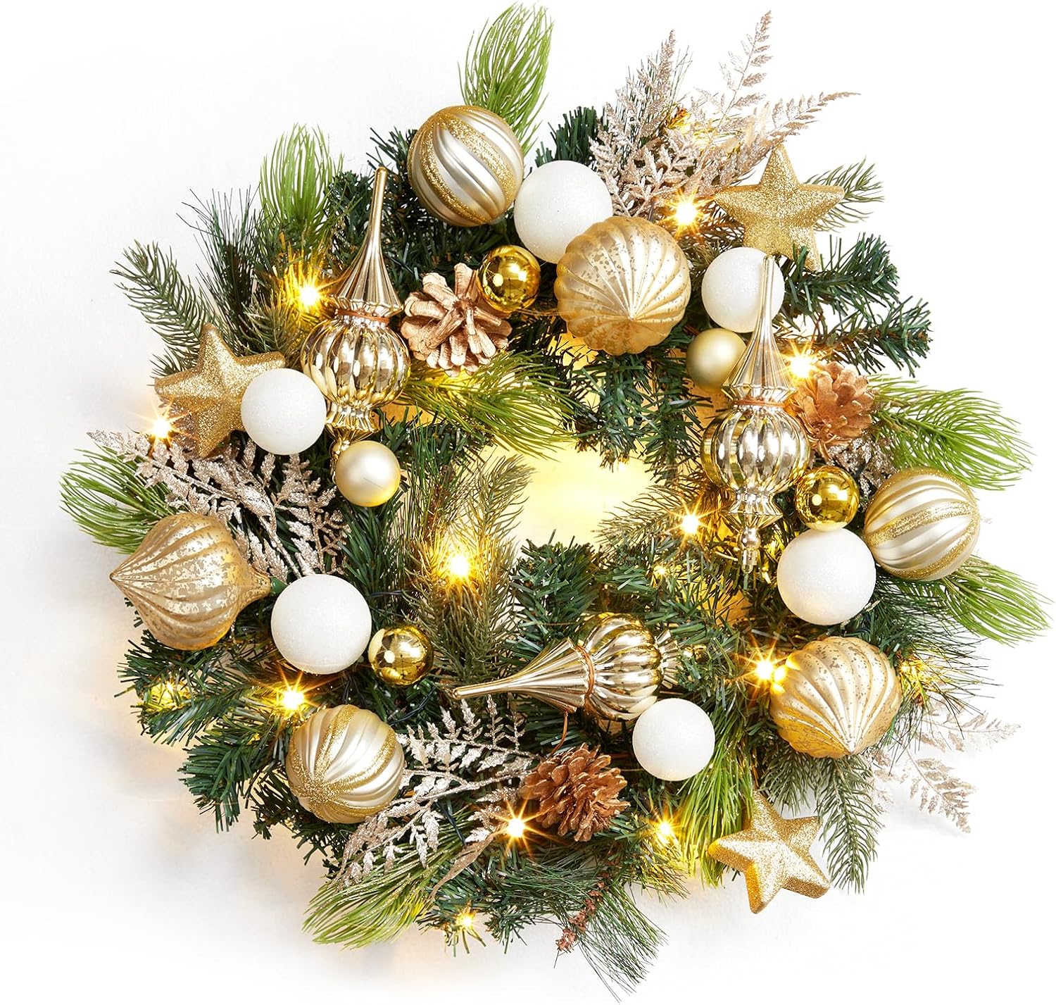 Garvee Christmas Wreath for Front Door, 24 Inch Outdoor Christmas Wreath, Battery Operated Xmas Wreath with Gold White Ball Ornaments Pine Cones and 20 LED Lights for Home Holiday Decor