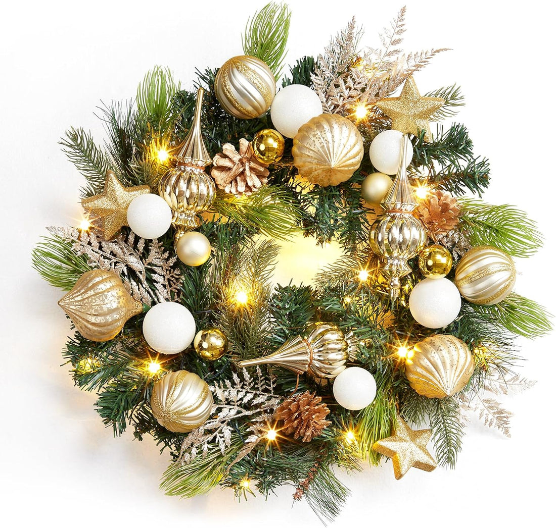 Garvee Christmas Wreath for Front Door, 24 Inch Outdoor Christmas Wreath, Battery Operated Xmas Wreath with Gold White Ball Ornaments Pine Cones and 20 LED Lights for Home Holiday Decor