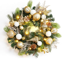 Garvee Christmas Wreath for Front Door, 24 Inch Outdoor Christmas Wreath, Battery Operated Xmas Wreath with Gold White Ball Ornaments Pine Cones and 20 LED Lights for Home Holiday Decor