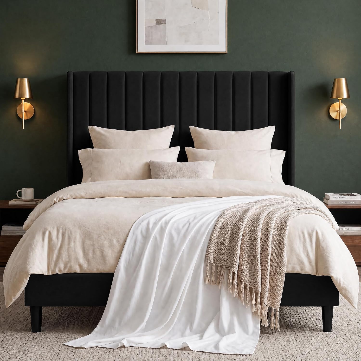 Garvee Velvet Upholstered Platform Bed Frame with 52" Tall Wingback Vertical Channel-Tufted Headboard, Wood Slat Support, Underbed Storage, No Box Spring Needed, Easy Assembly - King, Black