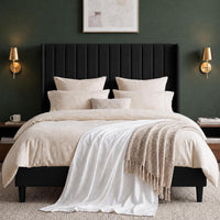Garvee Velvet Upholstered Platform Bed Frame with 52" Tall Wingback Vertical Channel-Tufted Headboard, Wood Slat Support, Underbed Storage, No Box Spring Needed, Easy Assembly - King, Black