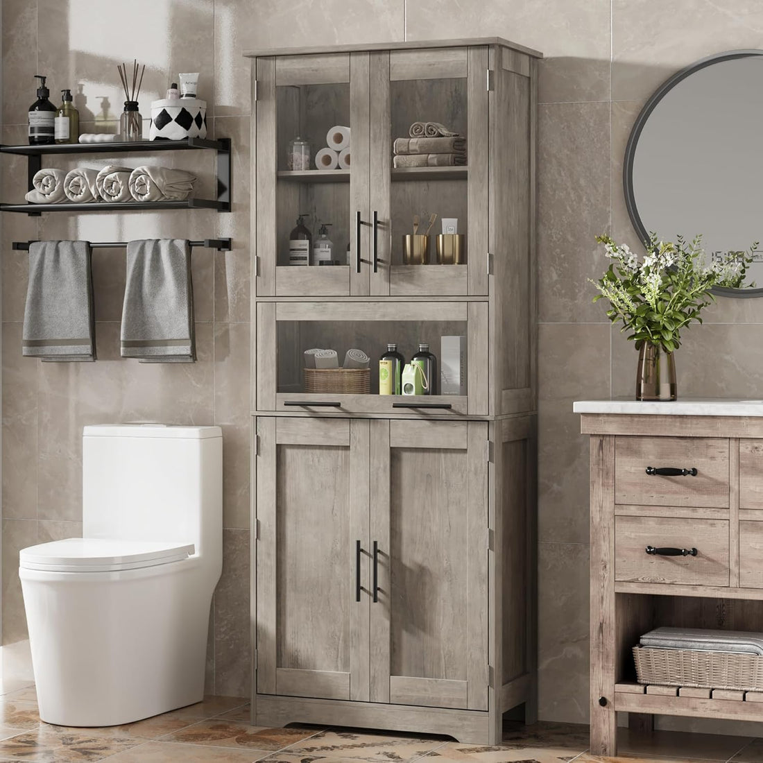 Garvee Modern Freestanding Bathroom Storage Cabinet with Double Glass Doors and Spacious Sliding Drawer, Grey