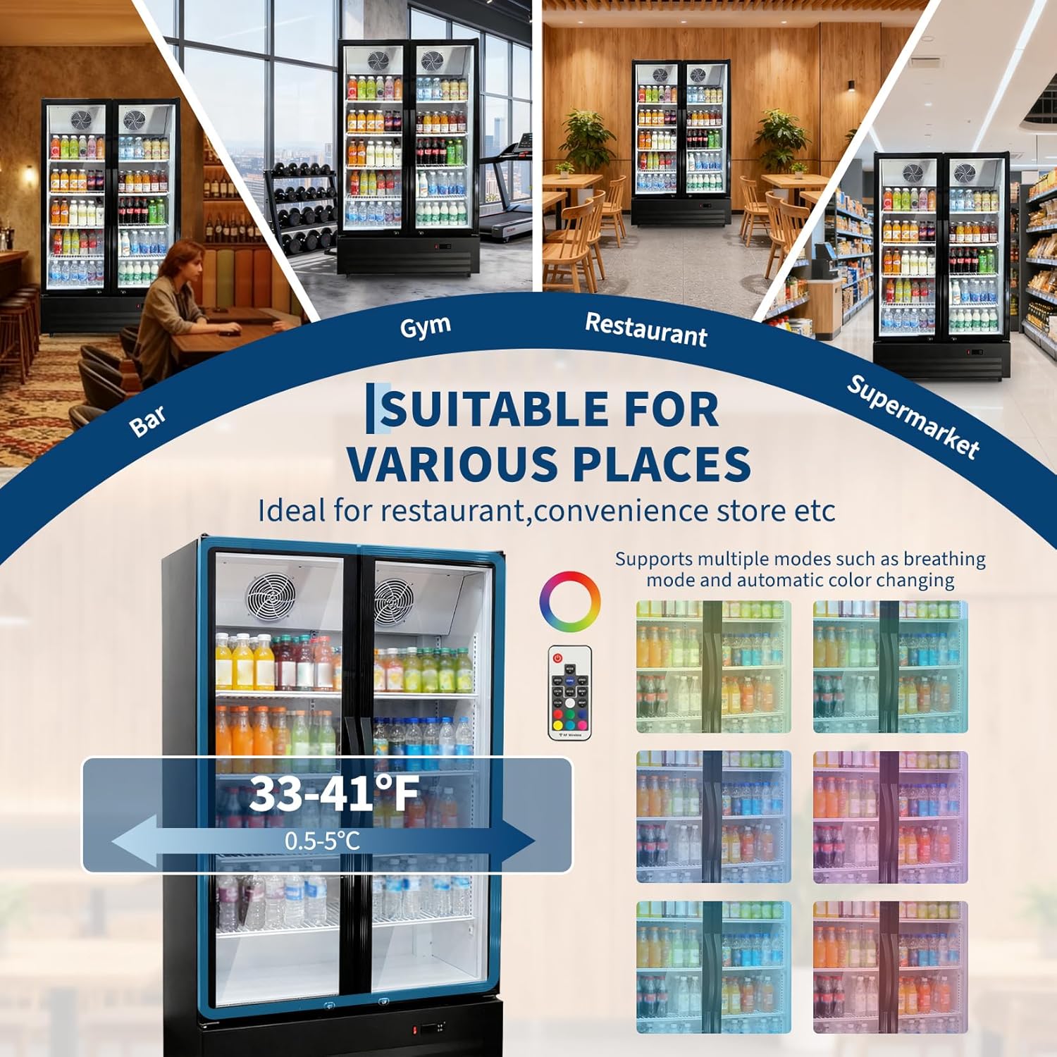 GARVEE 32.5 Cu.ft Double Door Commercial Beverage Cooler - 580-Can Glass Display Fridge | Frost-Free Air-Cooled, Automatic Door Rebound | for Bar/Restaurant/Supermarket (Black)