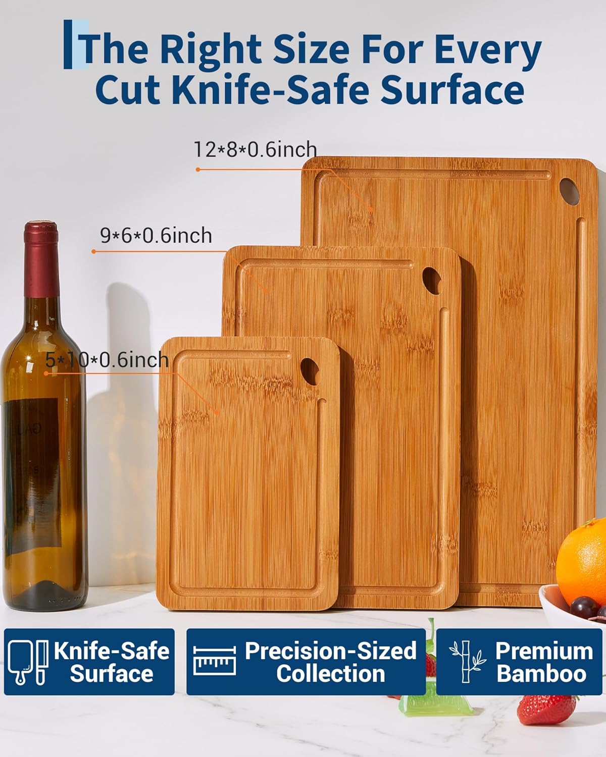 Garvee 3-Piece Deep Carbonized Bamboo Cutting Board Set with Holder – Multi-Size Butcher Block for Kitchen, Deep Juice Grooves, Built-in Handles, Chopping Boards for Vegetables, Fruit, meat and cheese board board (15x10, 12x8, 9x6 Inch) – Deep carbonized