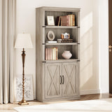 Garvee Farmhouse Bookcases and Bookshelves With Doors, 70 Inch Tall Bookshelf, 5 Tier Bookshelf With Storage, Wooden Bookshelves for Living Room, Home, Office, Bedroom (Grey) - Grey