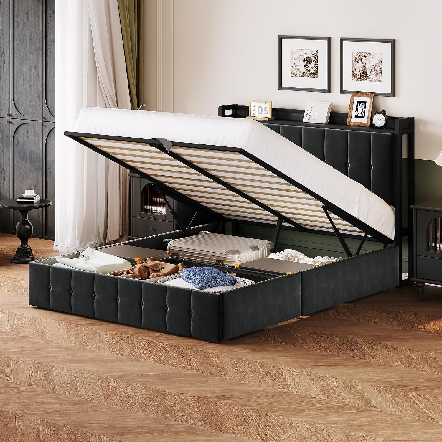 Garvee Lift-Up Storage Bed Frame, Button-Tufted Upholstered Headboard, Metal Platform, Noise-Free Wooden Slats, Charging Ports, No Box Spring Needed - Full Size, Black Flannel (without GRB LED/socket)