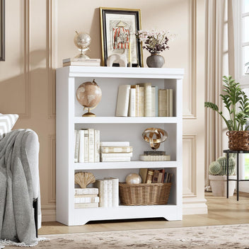 Garvee 3 Tier Bookshelf, 39.4" Tall Farmhouse Bookcase with Adjustable Shelves, 31.5" W Floor Standing Open Display Storage Rack with Anti-Slip Design for Home Office, Balcony, Library, Study / Living Room, White