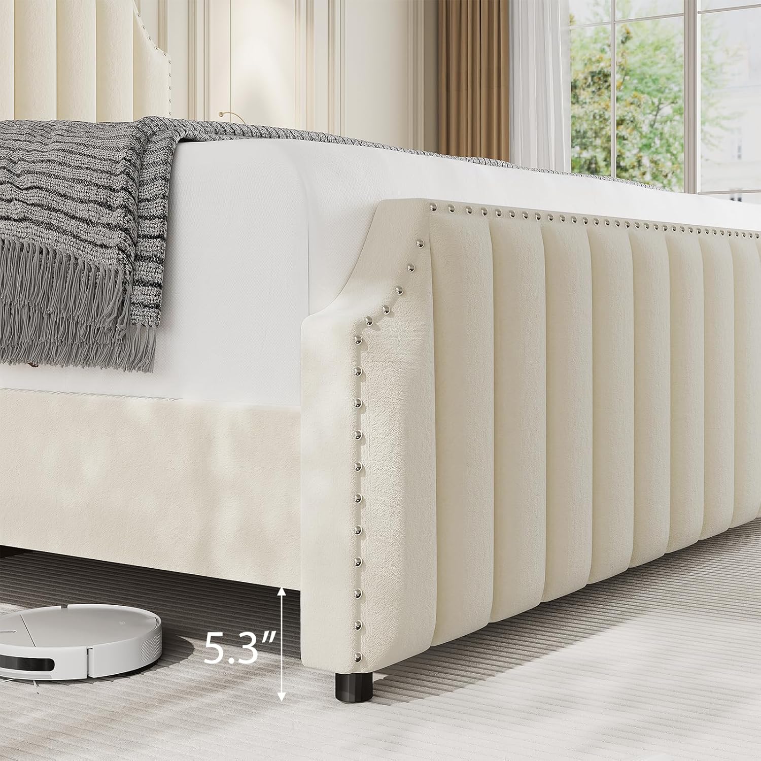 Garvee King Size Platform Bed Frame with 50.2" Headboard, Velvet Upholstered Bed Frame King with Vertical Channel Tufted Headboard & Footboard, Nailhead Trim, No Box Spring Needed, Cream