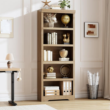 Garvee 5 Tier Bookshelf, 69" Tall Farmhouse Bookcase with Adjustable Shelves, 23.6" W Floor Standing Open Display Storage Rack with Anti-Slip Design for Home Office, Balcony, Library, Study / Living Room, Brown