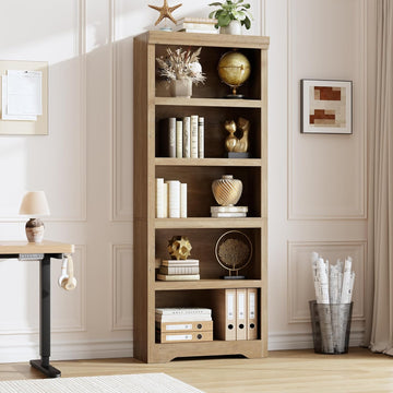 Garvee 5 Tier Bookshelf, 69" Tall Farmhouse Bookcase with Adjustable Shelves, 23.6" W Floor Standing Open Display Storage Rack with Anti-Slip Design for Home Office, Balcony, Library, Study / Living Room, Brown