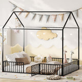 Garvee Full Floor Bed for Kids, Metal Montessori Floor Bed Full Size, Kids Floor Bed with Door& Fence, Montessori House Bed for Kids, Girls, Boys, Full Floor Bed Frame, Playhouse Bed Full, Black