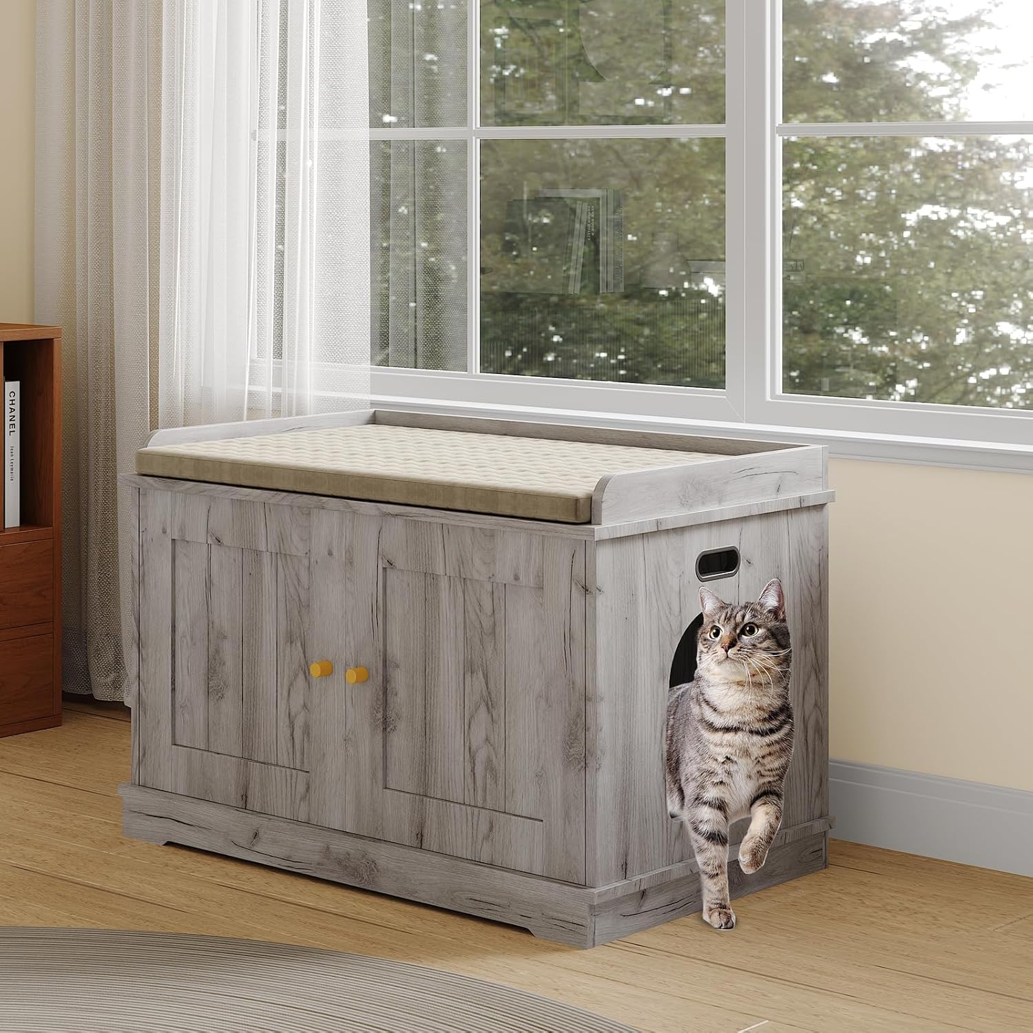 Garvee 31.5" Cat Litter Box Enclosure Furniture with Barn Door & Display Shelf, Wooden Hidden Litter Box Cover, Dog-Proof Design for Multiple Cats, Smooth Surface & Quick Clean-Up, Gray