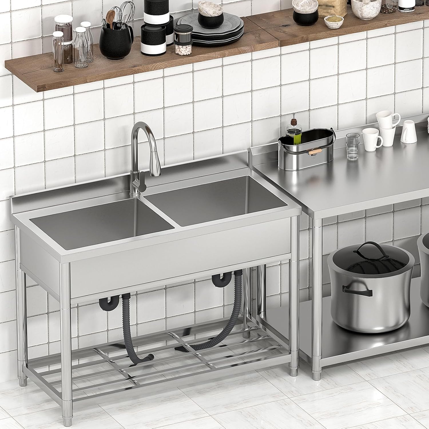 Garvee 22"D x 47"W x 37"H 2-Compartment Commercial Sink, Stainless Steel Utility Sink with Pull-out Faucet, Free Standing Double Bowl Kitchen Sink for Restaurant, Garage, Shop, Cafe, Outoor