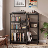 Garvee 4-Tier Large Record Player Stand & Media Console for Living Room - Holds 300+ Vinyl Records, Fits 7/10/12 in vinyl records - Color: Black