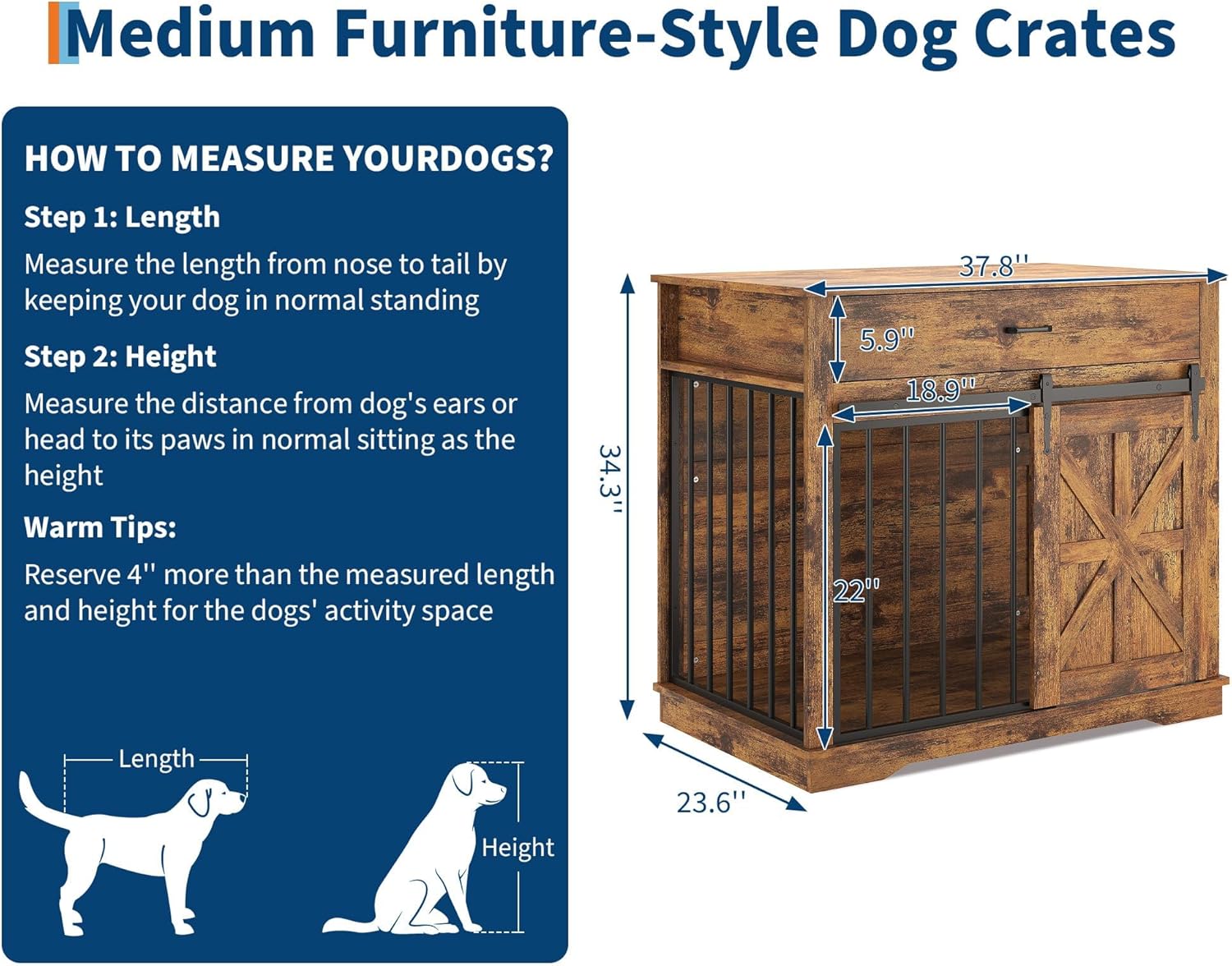 Garvee 37.8"W Dog Crate Furniture for Small/Medium Dogs, 2-in-1 Iron-Wood Fusion Dog Cage Indoor As Side End Table, Farmhouse Dogs Kennel with Sliding Barn Doors & Storage Drawer, Brown