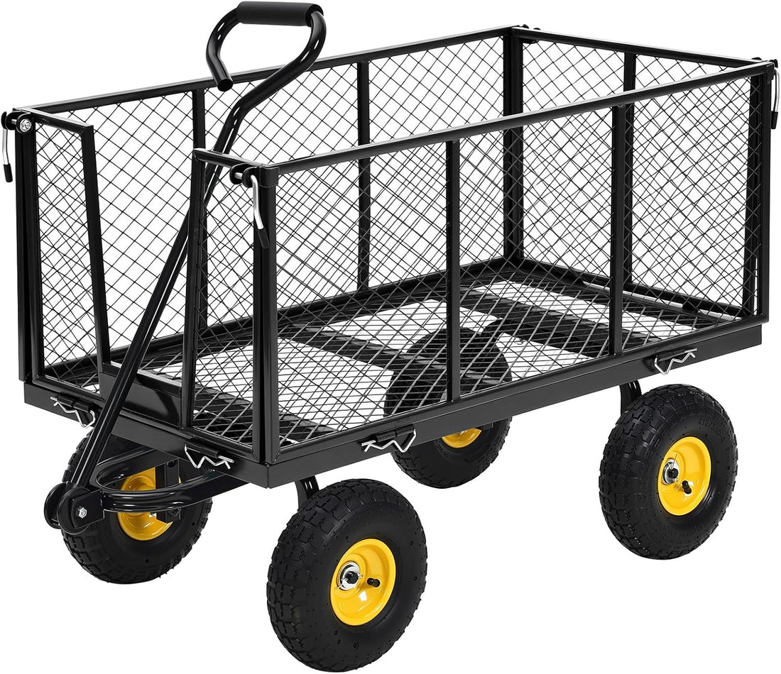 Garvee Heavy Duty Steel Garden Cart 1100 LBS Load 3-in-1 Design 10" Pneumatic Tires 180° Rotating Handle Removable Sides for Farm Yard
