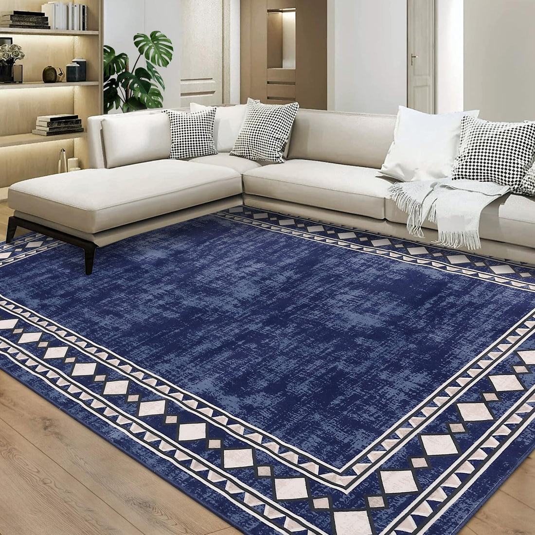 Garvee Bordered Dark Blue 4x6 Machine Washable for Living Room Modern Area Rug, Non-Slip Stain Resistant Accent Rug Indoor Minimalist Border Floor Cover Carpet for Bedroom