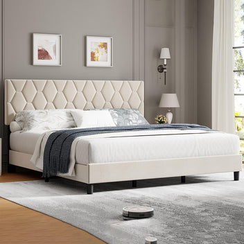 Garvee Queen Bed Frame with Headboard, Beige Upholstered Bed Frame Queen, Heavy-Duty Queen Platform Bed Frame with Strong Wood Slats, Upholstered Mattress Foundation No Box Spring Needed
