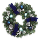 Garvee Christmas Wreaths, 18 Inch Christmas Wreath for Front Door with 15 LED Lights, Pre-lit Christmas Decoration with Blue Bows Silver Leaves Ball Ornaments for Christmas Wall Window Decor