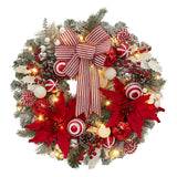 Garvee 24" Pre-Lit Christmas Wreath for Front Door, Large Artificial Christmas Wreath, Battery Operated Lighted Xmas Wreath for Door Window Indoor Outside Xmas Home Decor, Red and White - Red & White