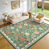 Garvee Large Green Rug 10x13 Washable Floral Living Room Rug Modern Farmhouse Soft Low Pile Non-Slip Indoor Carpet - Green