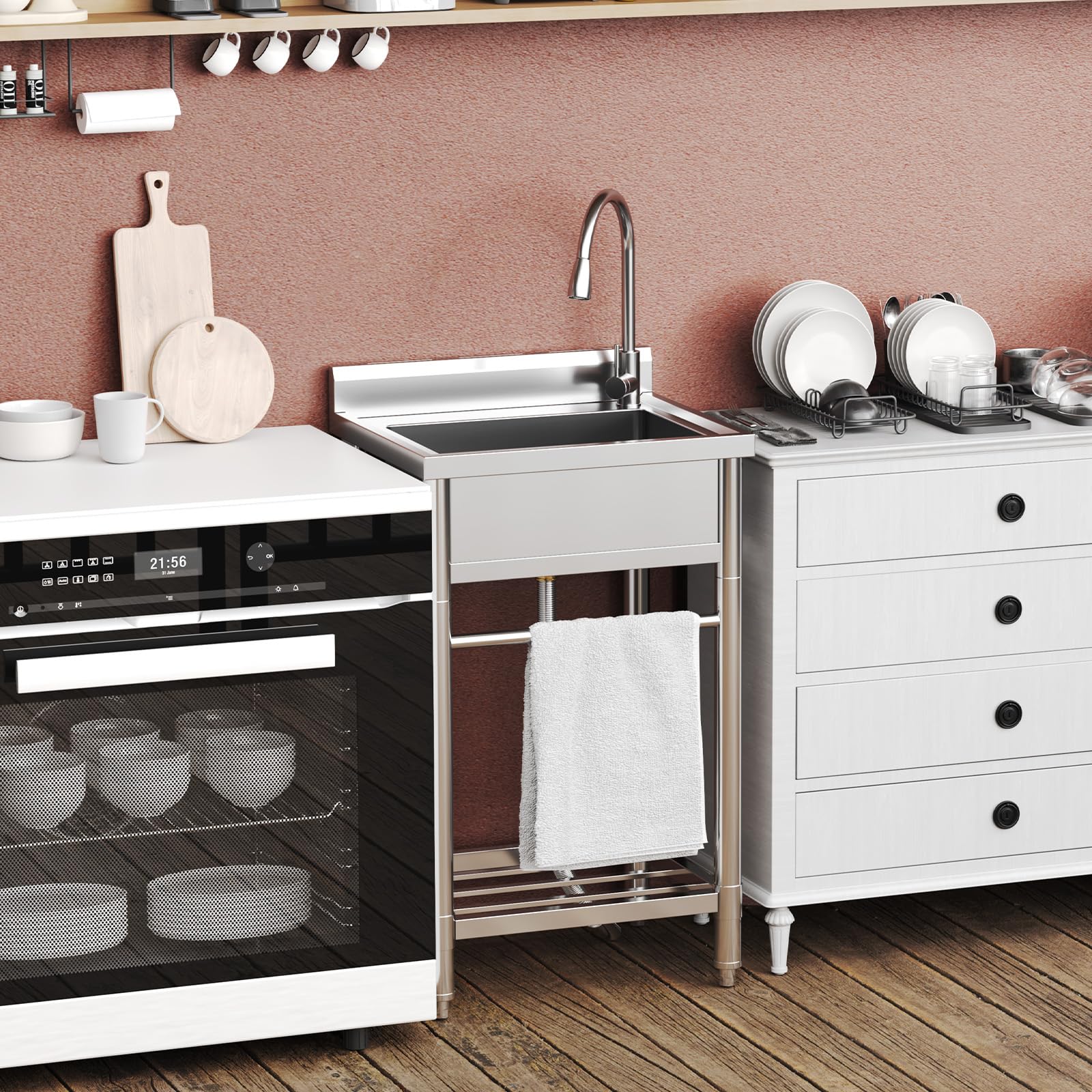 Freestanding Outdoor Utility Sink With Cabinet – Stainless Steel Workbench & Storage Shelves, Includes Faucet, For Garage, Kitchen, Laundry Room (120x50x80cm)