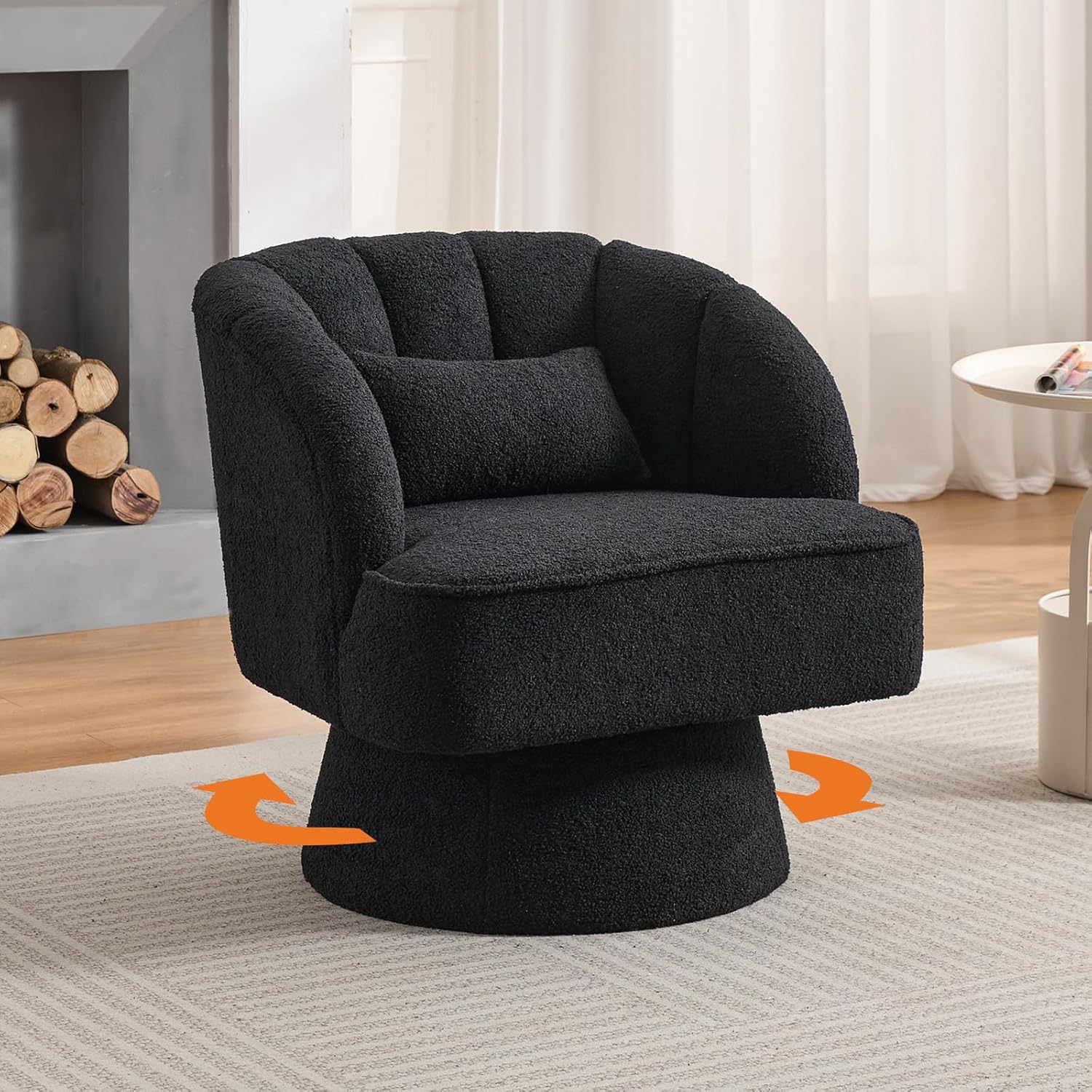 Garvee Swivel Barrel Accent Chair - Teddy Velvet Upholstered 360° Rotating Modern Armchair with Striped Backrest & Plush Padding, Round Lounge Chair for Living Room, Bedroom, Black