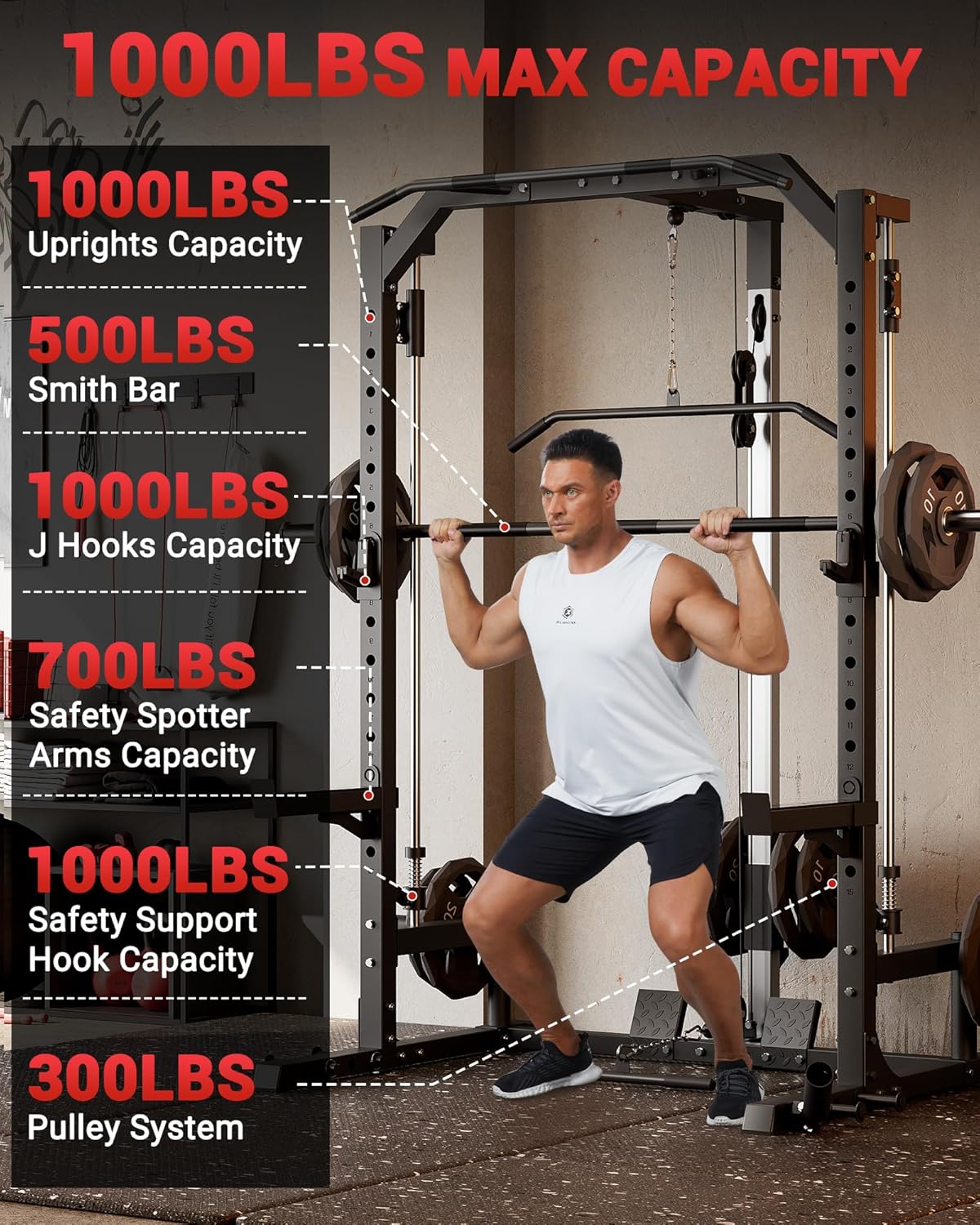 GARVEE Smith Machine Home Gym with Barbell Bar, Cable System, Lat Pulldown Attachments, Safety Spotter Arms, J Hooks, Landmine, Multi-Functional Squat Rack for Full Body Strength Training