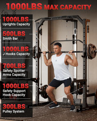 GARVEE Smith Machine Home Gym with Barbell Bar, Cable System, Lat Pulldown Attachments, Safety Spotter Arms, J Hooks, Landmine, Multi-Functional Squat Rack for Full Body Strength Training