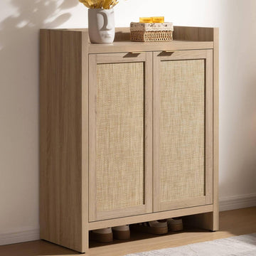 Garvee Boho 32" Rattan Shoe Storage Cabinet with 2 Doors and Adjustable Shelves for Entryway, Hallway, Living Room and Bedroom, Light Oak